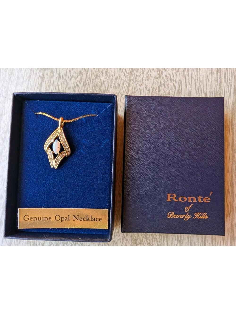 Vintage Opal Pendant Necklace Gold Tone Rhinestone Rone Beverly Hills